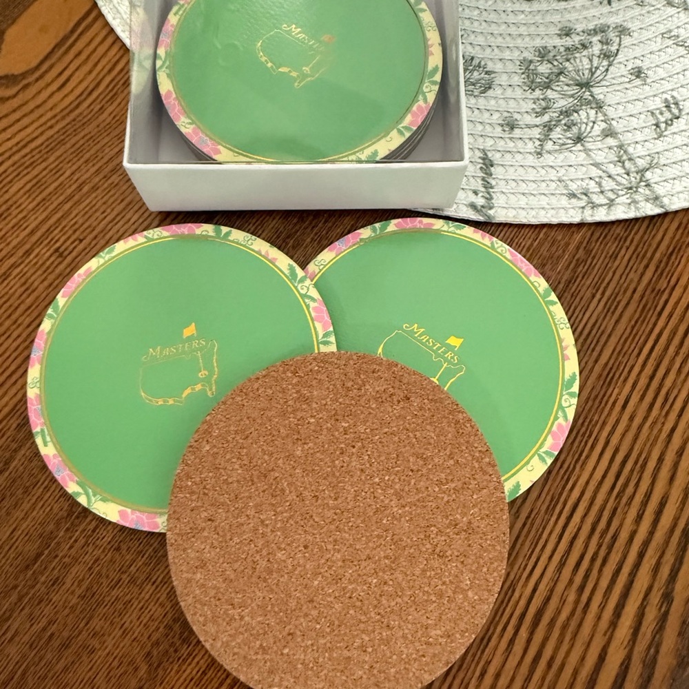 2025 Masters Cork Set of 8 Mint Green Coasters with Floral Trim